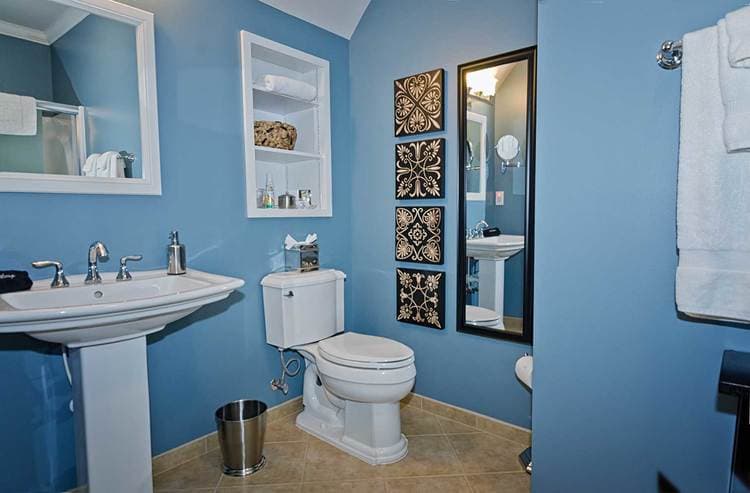 bathroom with blue walls featuring white furnishings and full-length mirror