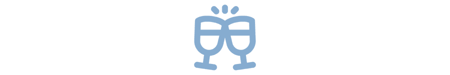 Stylized blue graphic of two champagne glasses with a decorative bow.