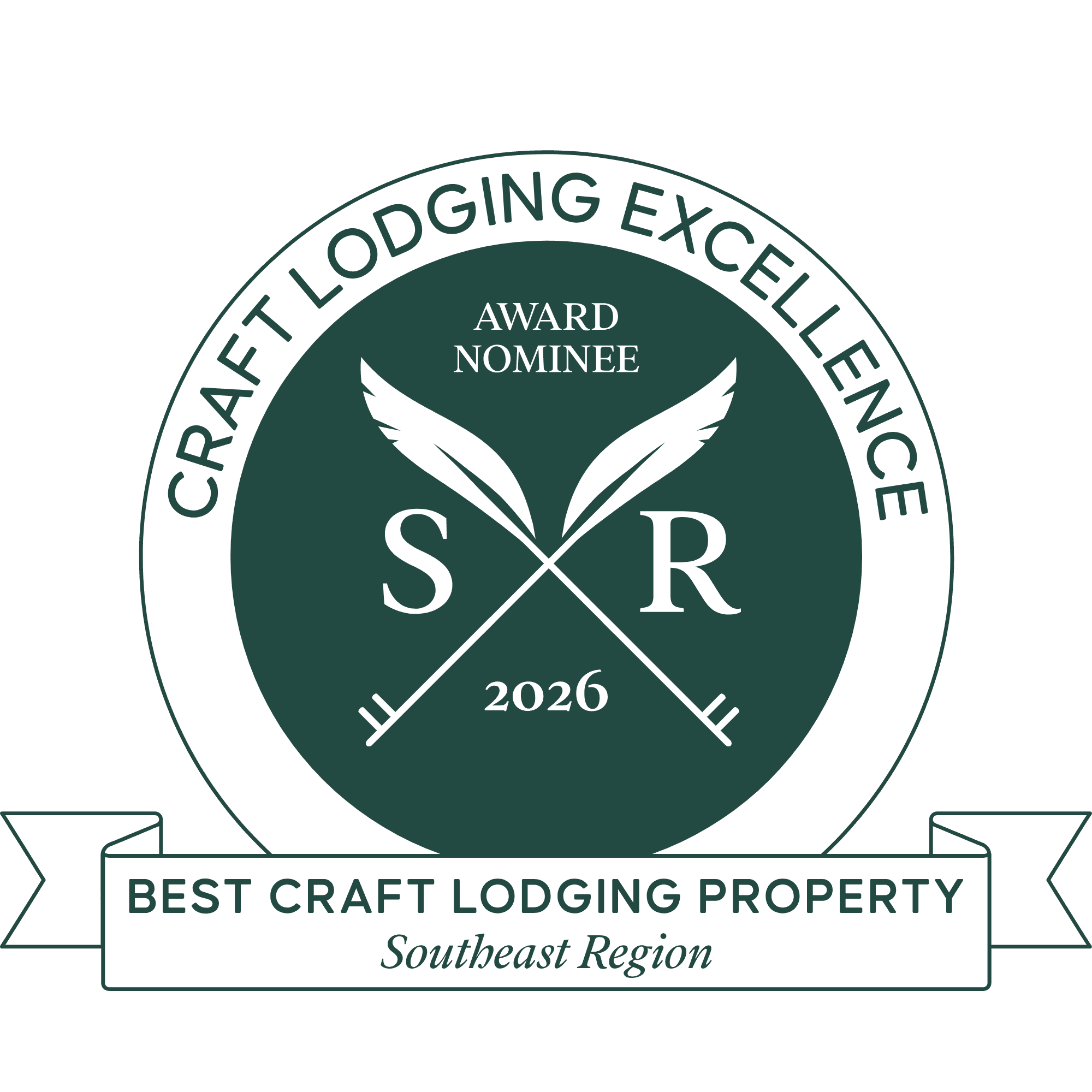Award nominee badge for Best Craft Lodging Property in the Southeast Region for 2026.